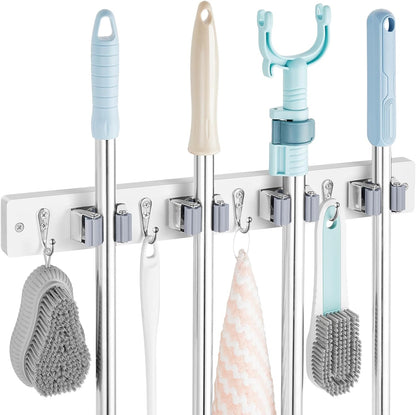 OUTNILI Mop and Broom Holder Wall Mount - Wood Broom Mop Hanger - Wall Mounted Garden Tool Rack Organizer for Closet Garage Laundry Room for Rustic Kitchen Decor With 5 Slots & 4 Hooks