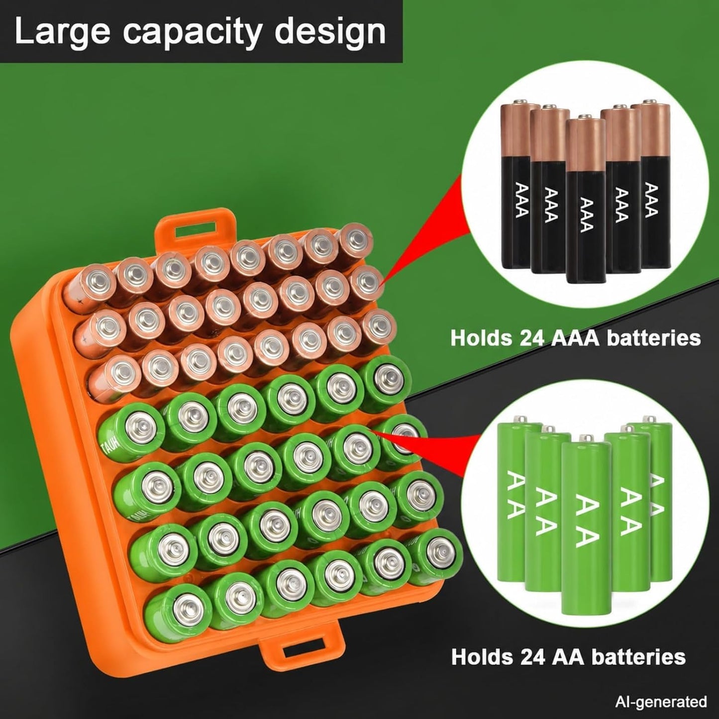 ALCYON Battery Organizer Storage Case, Battery Vault Box Container for 48pcs AA Batteries, Plastic Clear Protective Battery Holder for Travelling/Home/Office (Black, Large)