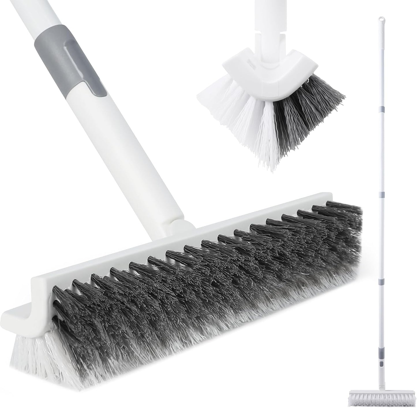 BOOMJOY Floor Scrub Brush with 57" Long Handle, 12" Wide Head, 2 in 1 Scrape and Brush, Stiff Bristle for Cleaning Bathroom, Patio, Kitchen, Tile, Wall and Deck