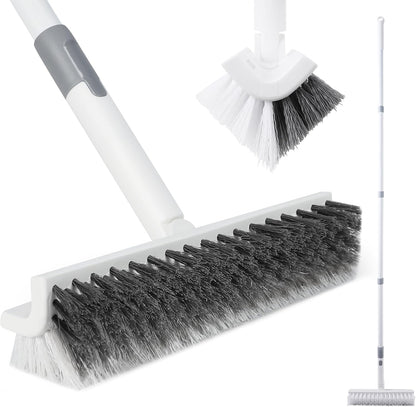BOOMJOY Floor Scrub Brush with 57" Long Handle, 12" Wide Head, 2 in 1 Scrape and Brush, Stiff Bristle for Cleaning Bathroom, Patio, Kitchen, Tile, Wall and Deck
