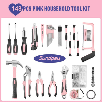 Sundpey Home Tool Kit 148-Pcs - Household Basic portable Hand Repair Tool Set with Case & Ratcheting Screwdriver & Hex Key & Pliers & Wrench & Voltage Tester & Water Pump Plier for Men Women