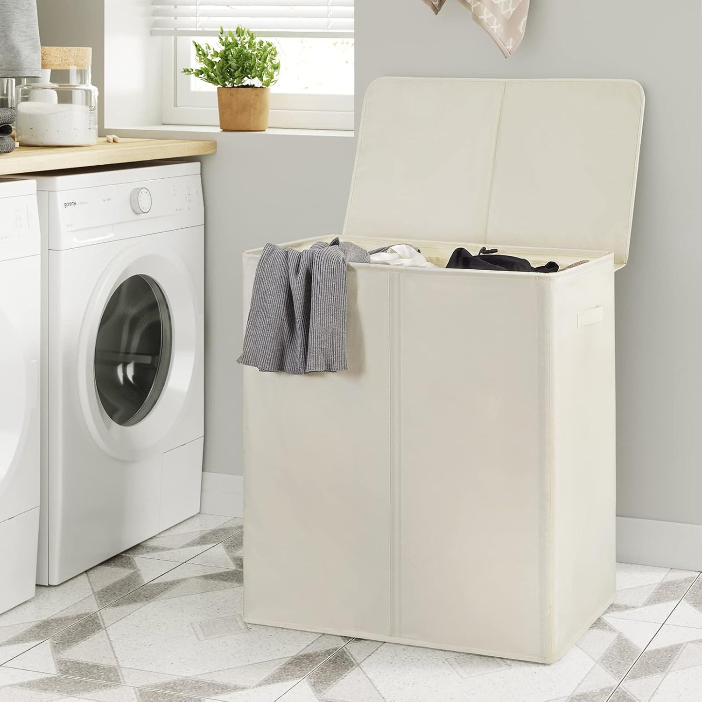 WOWLIVE 180L Laundry Hamper with Lid 3 Section,Large Laundry Basket with Removable Bags and Handles,Collapsible Dirty Clothes Hampers for Laundry,Laundry Basket Organizer for Laundry Room,Dorm,Beige