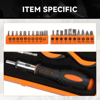 Auto Dynasty Tool Kit for Home 37Pcs, Home Repair Tool with Precision Screwdriver Socket and Ratchet Bit Driver Tool Set, All in One Plastic Storage Case for Garage, Warehouse, Auto Repair (Orange)