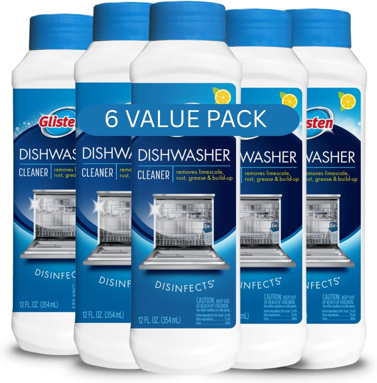 Dishwasher Cleaner, Removes Limescale, Rust, Buildup, and Grease, Lemon Scent, 12 Ounce Bottle, 6-Pack