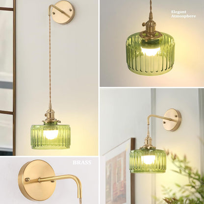 Shenmoyl Vintage Battery Operated Wall Sconce with Clear Striped Glass Lampshade 5000 mAh Rechargeable Battery Powered Wall Light with Remote Control for Bedside Bedroom Doorway, Set of 2