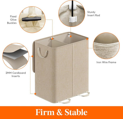 Lifewit Double Laundry Hamper with Lid and Removable Laundry Bags, Large Collapsible 2 Dividers Dirty Clothes Basket with Handles for Bedroom Laundry Room Closet Bathroom College, 136L Beige