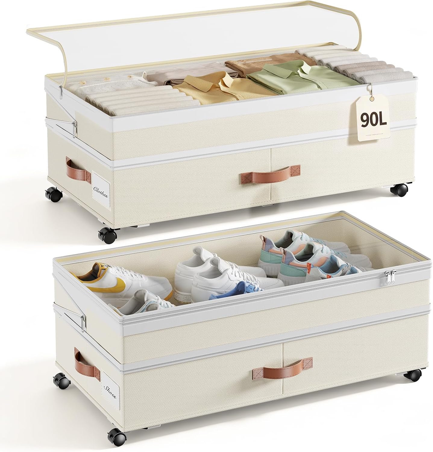 Yecaye 90L Under Bed Storage with Wheels, 8 in-11 in Height Adjustable Under Bed Storage Containers, Under Bed Shoe Storage with Lids & Label, Rolling Underbed Storage bins for Clothes, Toys, Grey