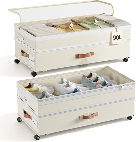 Yecaye 90L Under Bed Storage with Wheels, 8 in-11 in Height Adjustable Under Bed Storage Containers, Under Bed Shoe Storage with Lids & Label, Rolling Underbed Storage bins for Clothes, Toys, Grey