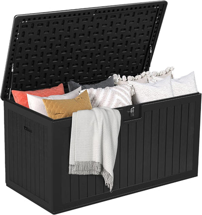 DWVO 100 Gallon Outdoor Storage Box, Large Deck Box Lockable Waterproof and UV Resistant Resin for Gardening Tools, Pool Supplies, Patio Cushions (Black)