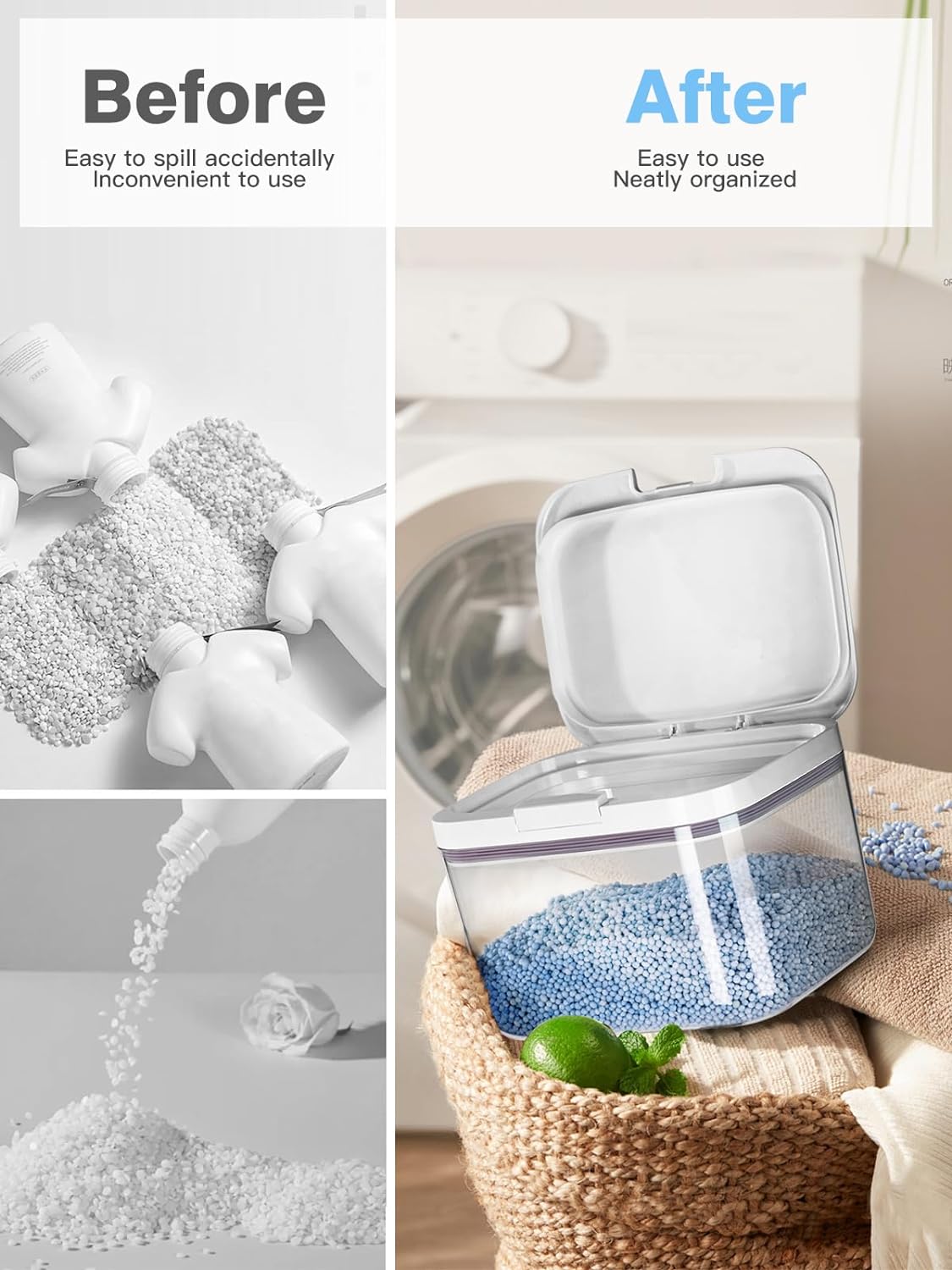 LivLab Mker Laundry detergent dispenser with One-Press Lid,for laundry room organization,Clear PET laundry powder container with Measuring Cup,laundry pods container 4.5L/10Lbs/160oz(220 Pods)