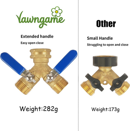 Hose Splitter 2 Way Heavy Duty, Full Flow Garden Hose Splitter with Large Easy-Turn Handle, 3/4 Inch GHT Brass Water Hose Splitter for Outdoor Faucet, Y Valve Hose Bib Splitter