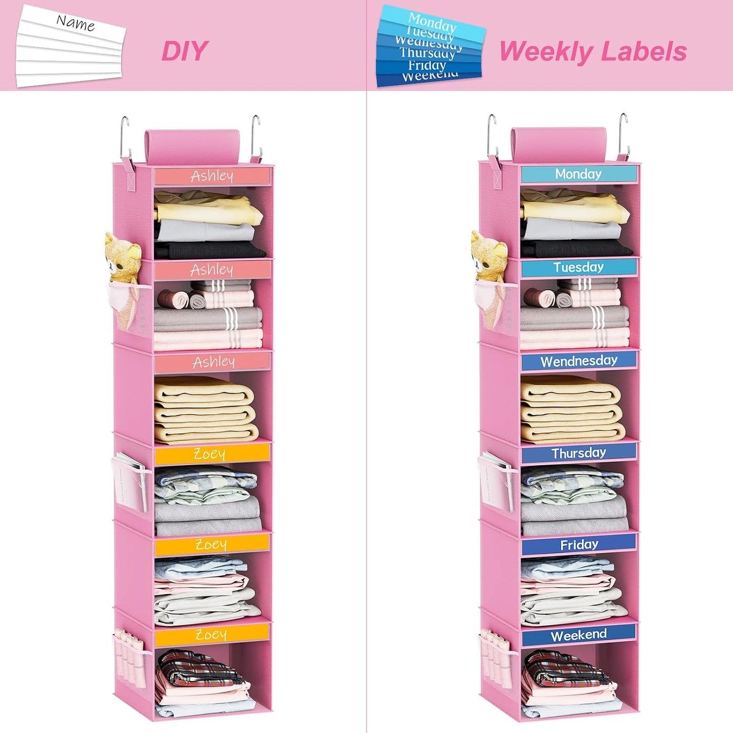 Fixwal 6-Shelf Weekly Clothes Organizer for Kids, Kids Daily Shelf Hanging Closet Organizer with 6 Side Pockets, Days of The Week Hanging Storage Shelves (Pink)