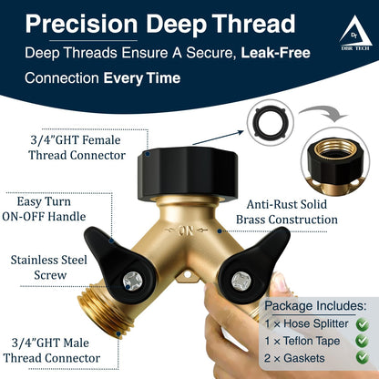 DBR Tech® Heavy Duty 2 Way Hose Splitter (Premium Brass for Superior Durability), Wye Garden Hoses Connector for Water Spigot Faucet Bib Tap, Double Shut Off Valve, Y Adapter, Rust-Resistant Finish