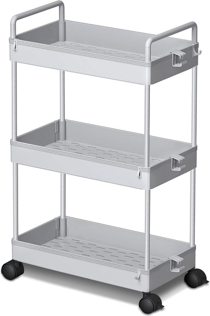 Ronlap 3 Tier Slim Rolling Storage Cart with Wheels Plastic Utility Cart Organizer for Snack Craft Art Postpartum Baby Diaper Nail Makeup in Bathroom Laundry Room Kitchen Bedside Narrow Space, White
