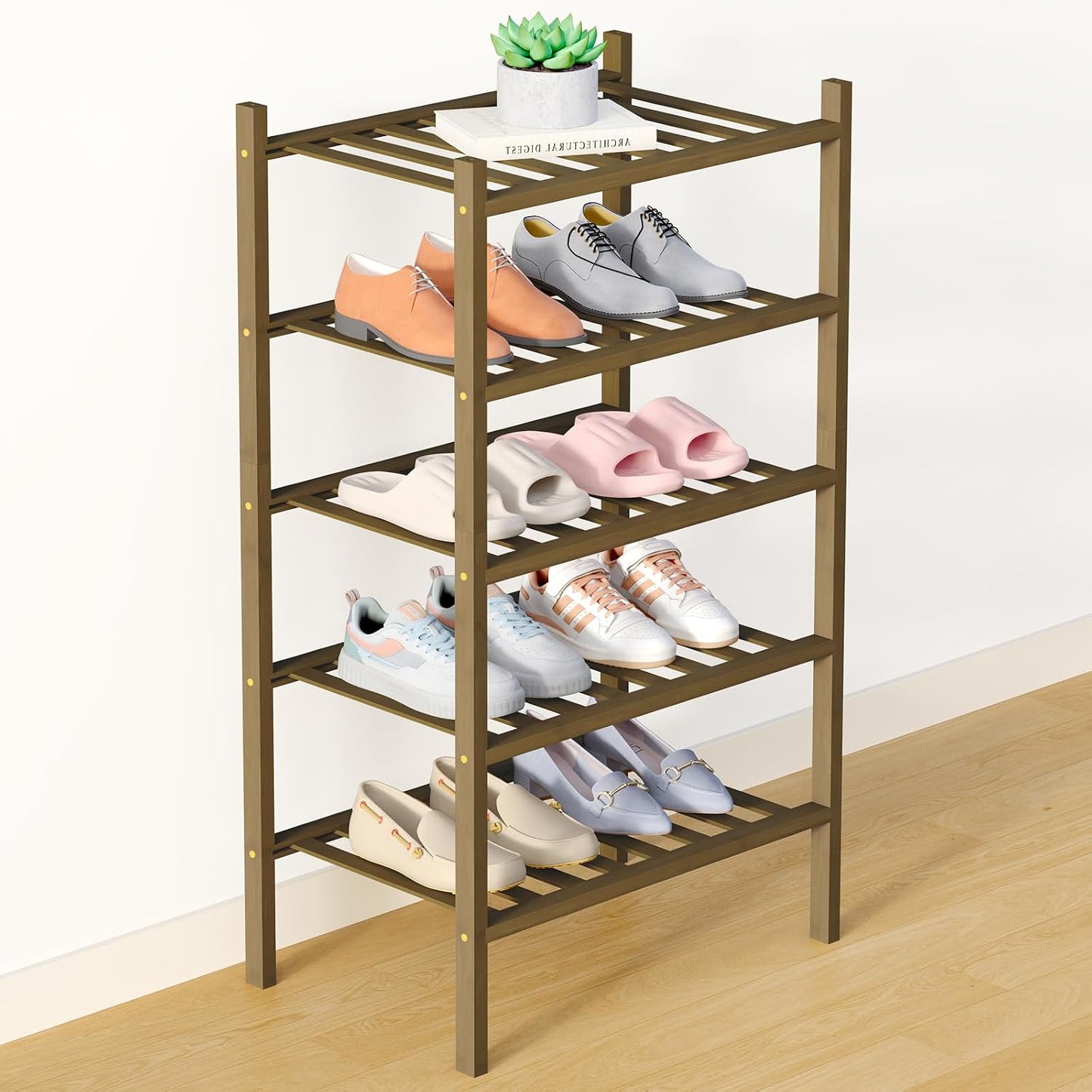 Smiry Bamboo Shoe Rack for Closet, 3 Tier Wooden Shoe Organizer, Stackable Wood Shoe Storage Shelf for Entryway, 14 Vertical Slats, One-piece Heavy-Duty Legs, 26.77"x11.02"x18.31", Natural