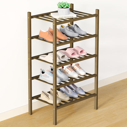 Smiry Bamboo Shoe Rack for Closet, 3 Tier Wooden Shoe Organizer, Stackable Wood Shoe Storage Shelf for Entryway, 14 Vertical Slats, One-piece Heavy-Duty Legs, 26.77"x11.02"x18.31", Natural
