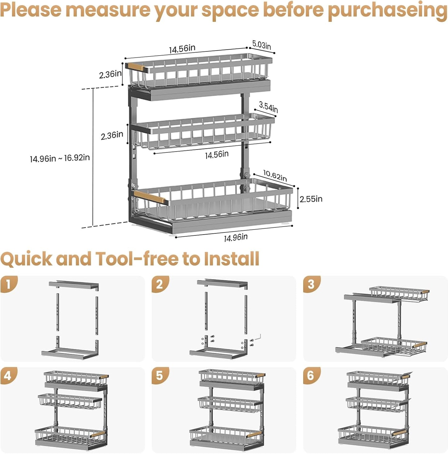 Under Sink Organizer and Storage for Bathroom and Kitchen - 2 Pack 3 Tier Under Cabinet Pull Out Shelf Organizers - Slide Out Drawer Organization for Home Cabinets Shelves and Drawers