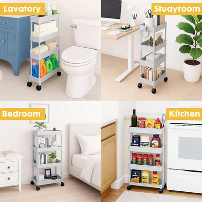 ShellKingdom 4 Tier Bathroom Storage Organizer, Slim Rolling Storage Cart for Narrow Space, Mobile Shelving Unit with Lockable Wheels and Hooks for Bathroom, Kitchen, Laundry Movable Shelf (Green)