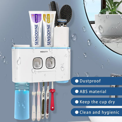 Toothbrush Holder Wall Mounted, WEKITY Multi-Functional Toothbrush and Toothpaste Dispenser for Bathroom, with 5 Toothbrush Slots, 2 Toothpaste Squeezers and 4 Cups(Grey)