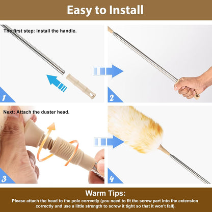 Extendable Lambswool Duster 29-110 Inch,Anti-Static Flexible Head, Stainless Steel Pole for Cleaning High Ceiling,Fan,Furniture,Roof Dusting
