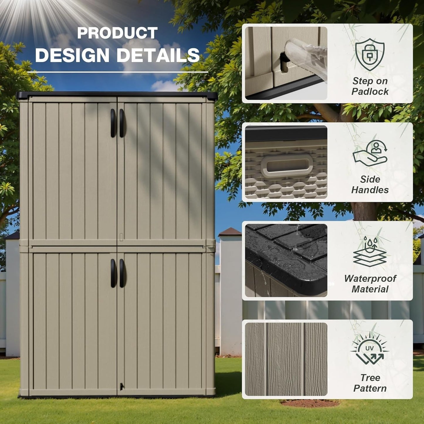 Greesum Outdoor Storage Cabinet, 26 CUFT Deck Box Without Shelves, Waterproof Plastic Storage Shed for Patio Cushions, Gardening Tools, Lockable and Sidehandles, UV Resistant, Beige