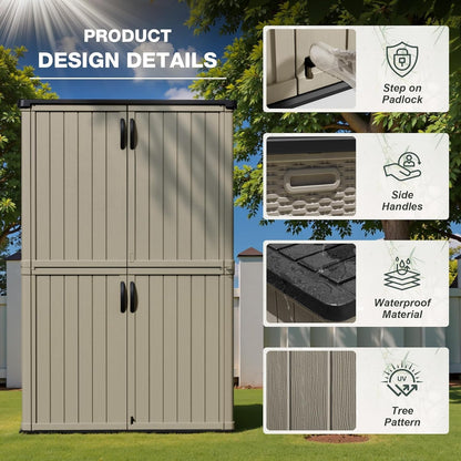 Greesum Outdoor Storage Cabinet, 26 CUFT Deck Box Without Shelves, Waterproof Plastic Storage Shed for Patio Cushions, Gardening Tools, Lockable and Sidehandles, UV Resistant, Beige