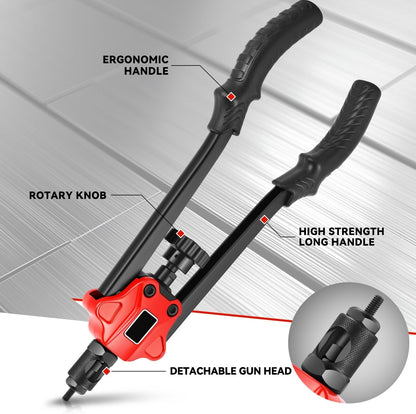 Auto Dynasty 21" Hand Riveter Rivet Nut Tool Set with 5 Guide Nozzle Silver Repair Hand Tool Kit Set for Home Household Office Warehouse