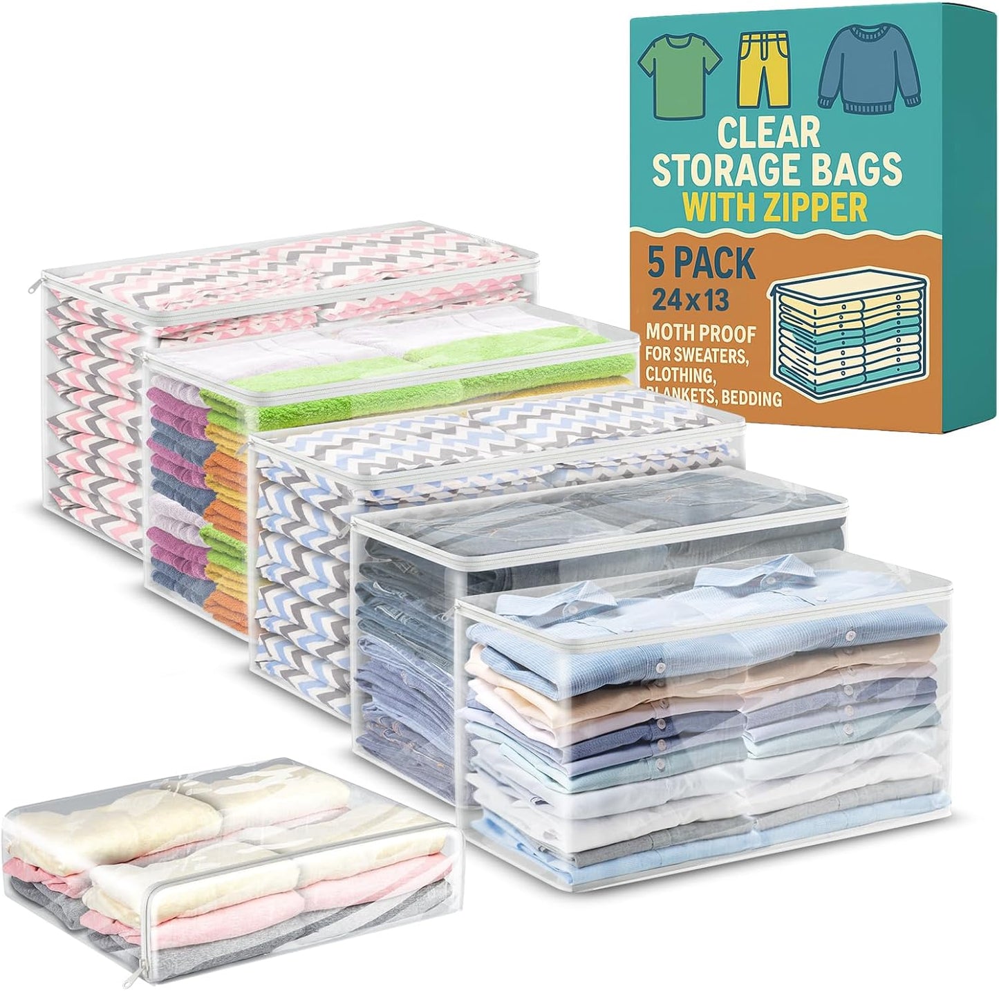 Houseables Sweater Bags Moth Proof, Clothing Storage Bags, with Zipper, Sweater Storage, Clear Zippered Organizers, Clothes, Blanket, Linen, Bedding, Quilt, Vinyl Plastic Protectors, 18x15x4”, 5 Pack.