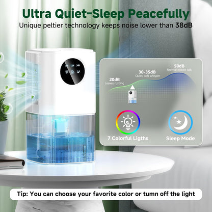 Dehumidifier, 60 OZ Water Tank Dehumidifiers for Bathroom Bedroom with Auto Shut Off & Defrost Timer Sleep Mode and 7 Colors LED Light, Quiet Small Dehumidifiers for Home Room Closet RV (White)