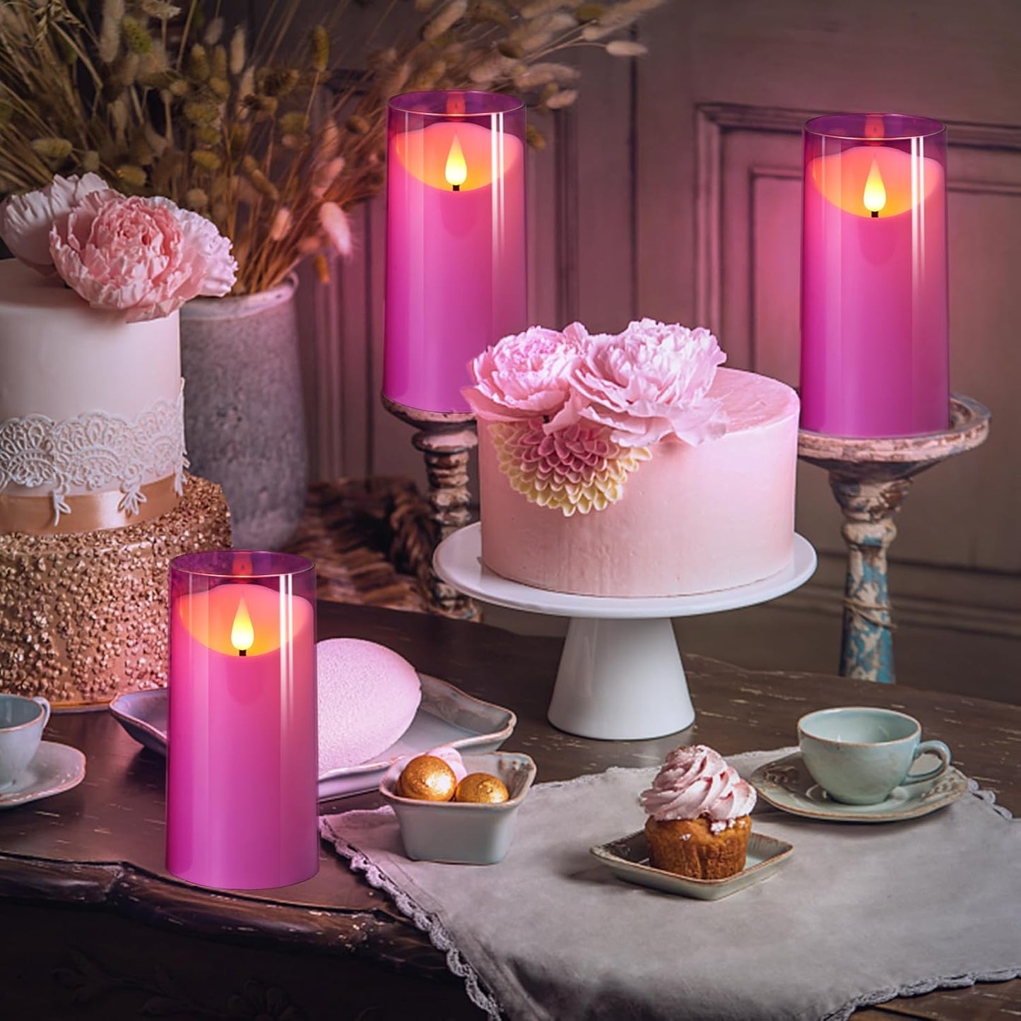 NURADA Flameless Candles with Remote Timer - Glass Real Wax 3D Wick LED Pillar Votive Candle Set Battery Operated Flickering Light for Home Christmas Decoration - White 3 Pack