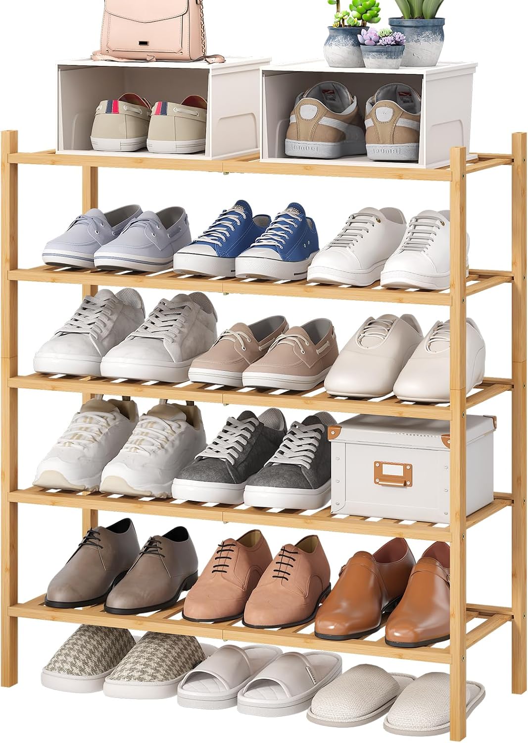 viewcare 3-Tier Black Bamboo Shoe Rack for Entryway, Stackable | Foldable | Natural, Shoe Shelf Storage Organizer for Hallway Closet, Free Standing Shoe Racks for Indoor Outdoor