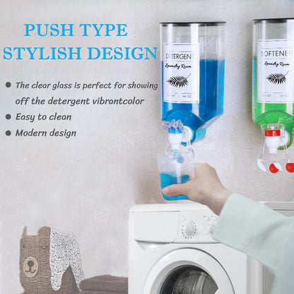 2 PCS Laundry Detergent Dispenser, 44 oz Wall Mounted Laundry Soap Dispenser with Faucet Liquid Detergent Holder for Laundry Room, Fabric Softener Container with Labels Adhesive Hook Measuring Cup