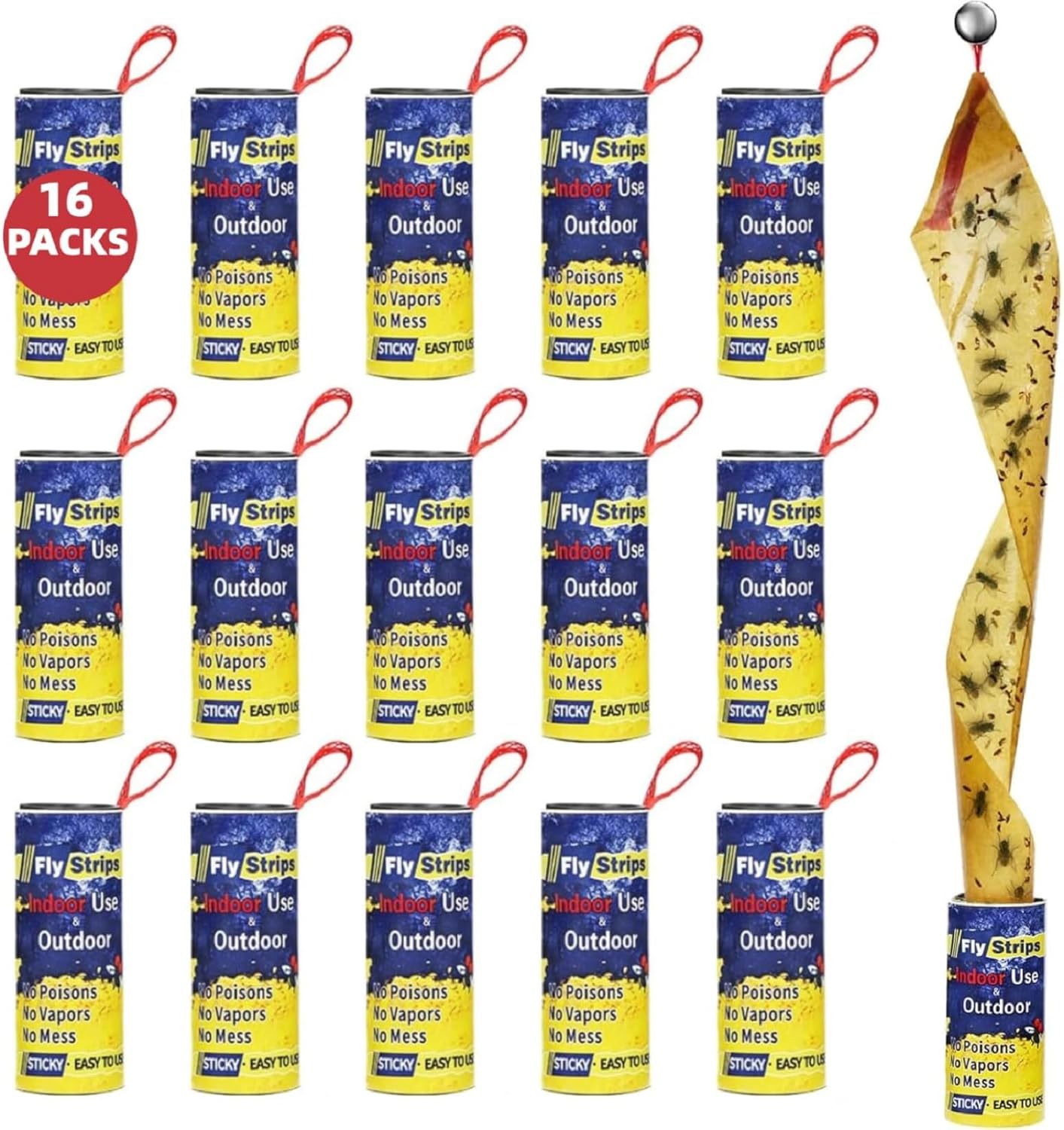16 Pack Fly Traps Strips Indoor Outdoor, Flies Paper Sticky Hanging with Pins, Fruit Fly Tape Ribbon Roll for Home, Bug & Gnat Catchers for Inside, House Fly Killer for Winged Insect, Mosquito