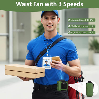 Waist Clip Fan - 5000mAh Rechargeable Portable Personal Fan, 39ft/s Ultra-Strong Wind, 29H Runtime, 5 Speeds, LED & SOS Light, for Outdoor, Camping, Hiking, Construction