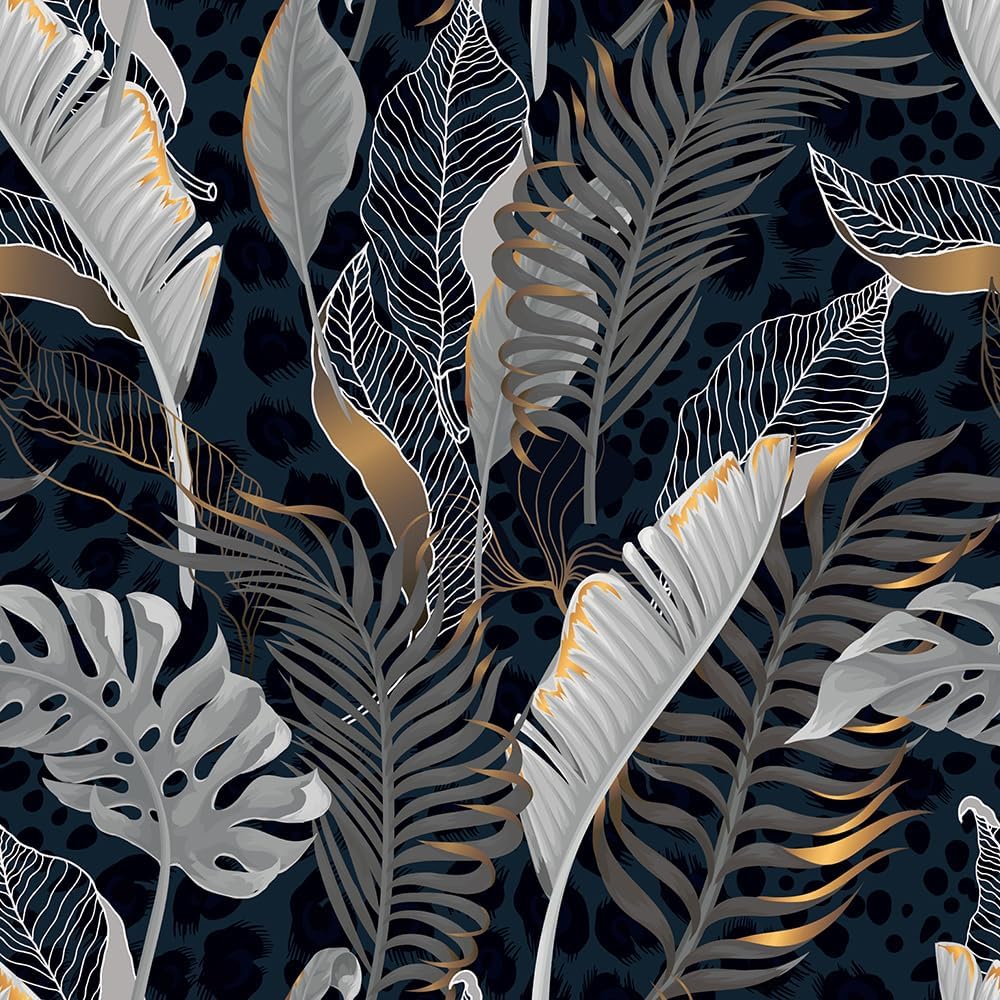 MuralPeel Dark Blue/Yellow Leaf Floral Peel and Stick Wallpaper Vintage Easy Peel Off Self Adhesive Removable Stick on Wall Paper for Kitchen Cabinet Renter Friendly