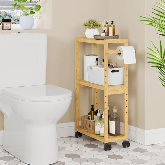 RRX Toilet Paper Holder with 3 Tier,16.14''Dx7.08''Wx28.35''H (Beige) | Small Bathroom Rolling Bamboo Mobile Storage Corner Shelf Cabinet for Narrow Spaces, Freestanding Slim Kitchen Organizer