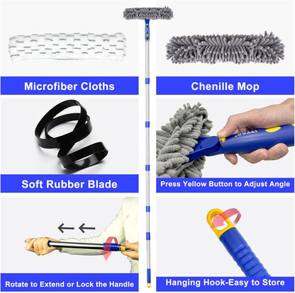 ITTAR Window Squeegee with 86 Inch Extension Pole, Rotatable Window Cleaning Kit with Long Handle, Rubber Blade & Microfiber/Chenille Pads Glass Cleaner Tool for Outdoor Windows, Glass, Car