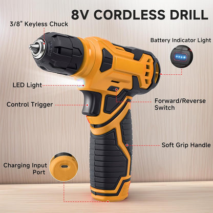 Tool Set - 8V Cordless Drill Set, 132 Piece Home Tool Set With Hand Drill, Tool Kit for Women & Men, Perfect for Homeowner, Diyer, Handyman