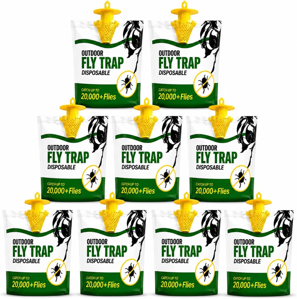 Fly Traps Outdoor 9 Pack – Disposable Hanging Fly Trap Bags with Pre-Baited Water-Activated Attractant, Leak-Resistant Outdoor Fly Trap for Patio, Yard, Barn, Garage & Trash Can