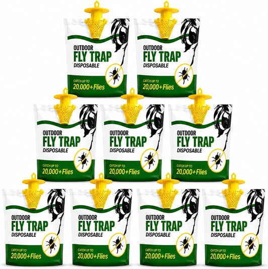 Fly Traps Outdoor 9 Pack – Disposable Hanging Fly Trap Bags with Pre-Baited Water-Activated Attractant, Leak-Resistant Outdoor Fly Trap for Patio, Yard, Barn, Garage & Trash Can