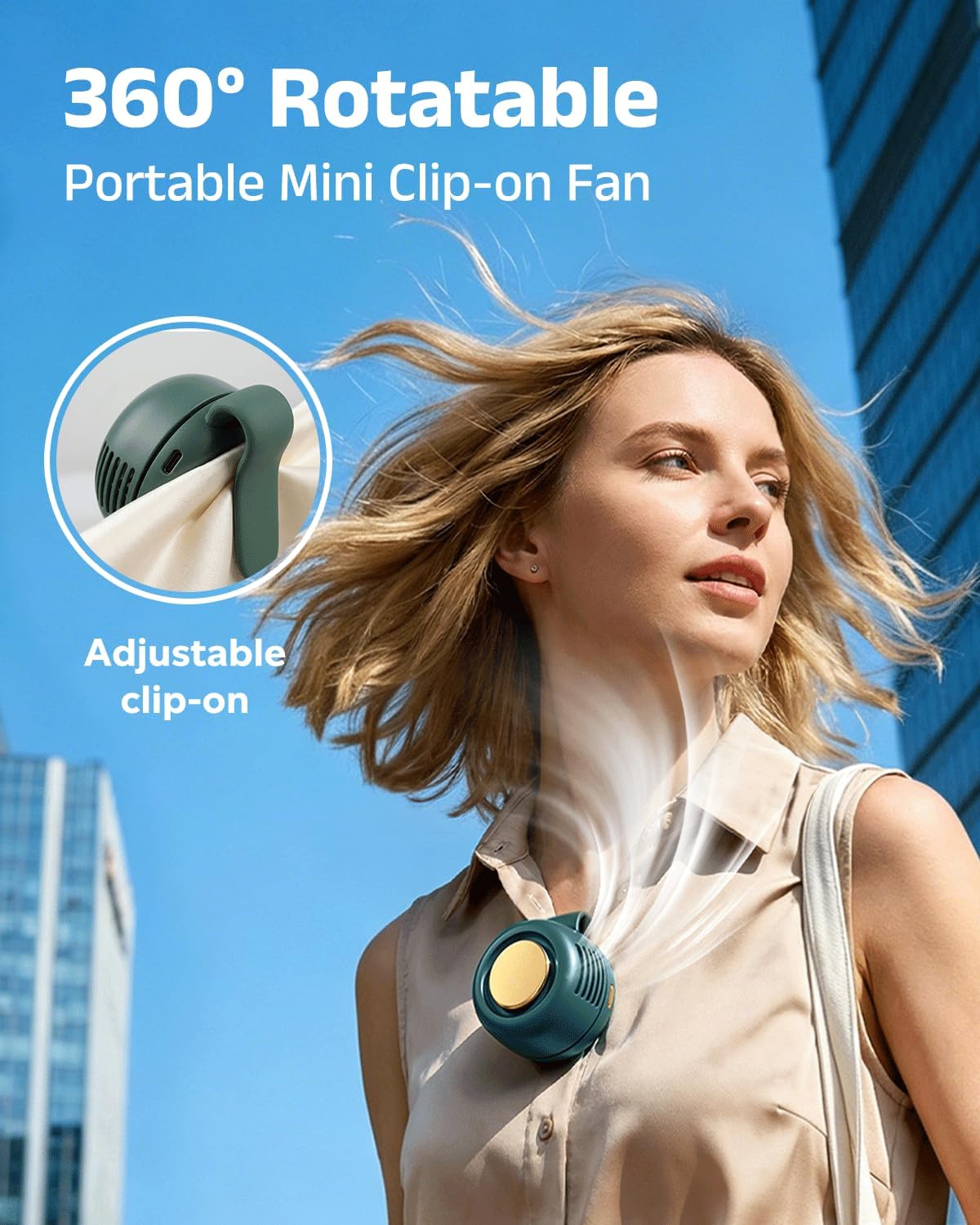 Portable Silent Mini Bladeless Electric Fan, 360° Rotatable Portable Mini Clip On Fan for Shirt Waist Rechargeable Whirlwind Clip Fan, 3-Speed Personal Fan Clip On for Outdoor, Travel, Home (Green)