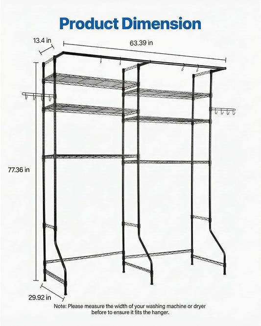 Over the Washer and Dryer Storage Shelf, 6-Tier Laundry Room Organizer with Hanging Rod & Hooks, Adjustable Heavy Duty Carbon Steel Space Saver Rack, Fits Most Washers and Dryers, Black (White)