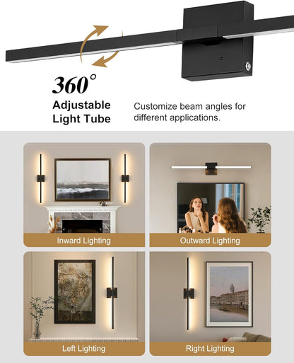 8000mAh Battery Operated Wall Sconce with Remote Control, 3000K-6000K Dimmable Black Wireless Rechargeable Wall Sconces Set of Two with Timer Function for Living Room, Bedroom, Stairwell, TV 24 Inch