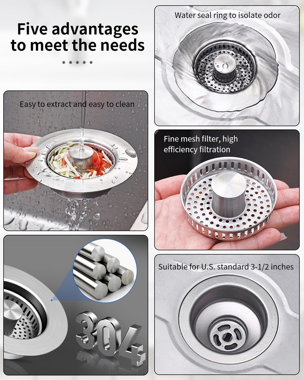 3 in 1 Kitchen Sink Drain Strainer [304 Stainless Steel Pop Up] Anti-Clogging Kitchen Sink Drain Stopper Stainless Steel Efficiently Drainage Odor Filter Sink Plug for Us Standard 3-1/2 Inch