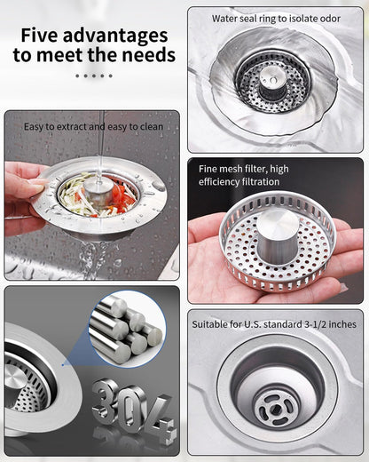 3 in 1 Kitchen Sink Drain Strainer [304 Stainless Steel Pop Up] Anti-Clogging Kitchen Sink Drain Stopper Stainless Steel Efficiently Drainage Odor Filter Sink Plug for Us Standard 3-1/2 Inch