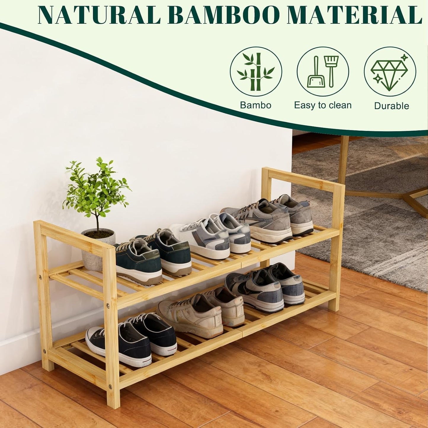 4 Tier Bamboo Wooden Shoe Rack for Closet & Entryway, Free Standing Shoe Rack Stand Organizer Shelf for Garage, Bedroom, Small Space Storage, Stackable