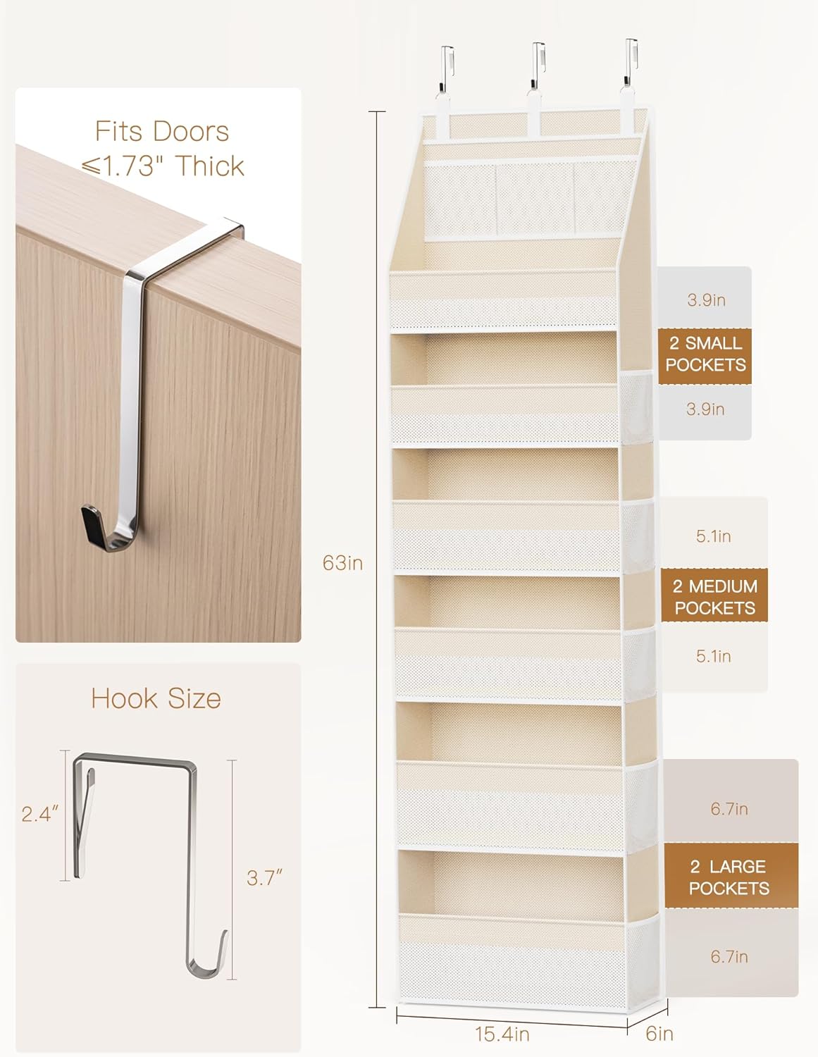 Criusia Over The Door Organizer, Heavy-Duty 6-Shelf Hanging Storage with 13 Mesh Pockets, 55lbs Capacity Behind The Door Storage for Nursery, Bathroom, Bedroom, and Dorm, Grey