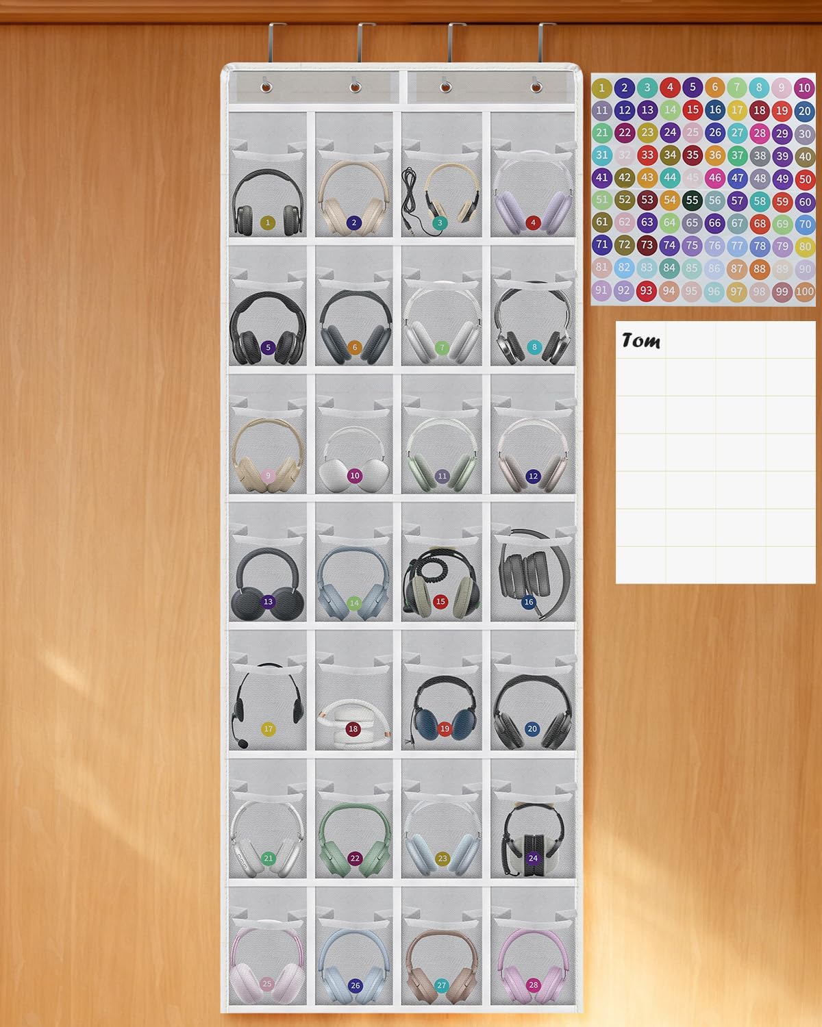 Classroom Headphone Storage Organizer with 28 Large Pockets and 100 Labels | Fabric Durable Classroom Pocket Chart Over The Door Hanging Headphone Holder Bag School Supplies Teacher Essentials, Grey