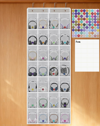 Classroom Headphone Storage Organizer with 28 Large Pockets and 100 Labels | Fabric Durable Classroom Pocket Chart Over The Door Hanging Headphone Holder Bag School Supplies Teacher Essentials, Grey