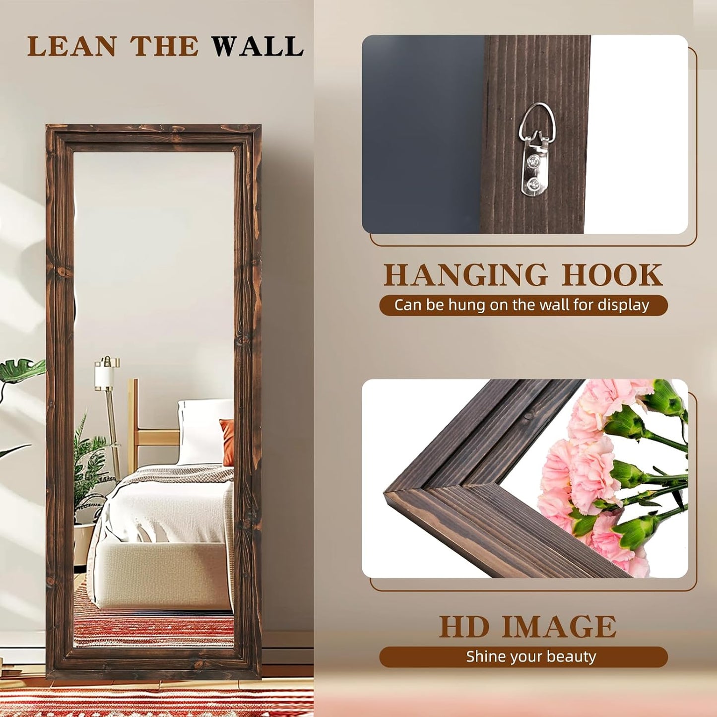 Full Length Mirror 65"x22" with Stand Solid Wood Frame Floor Large Mirror for Living Room, Bedroom Hanging Standing or Leaning Wall-Mounted, New Black